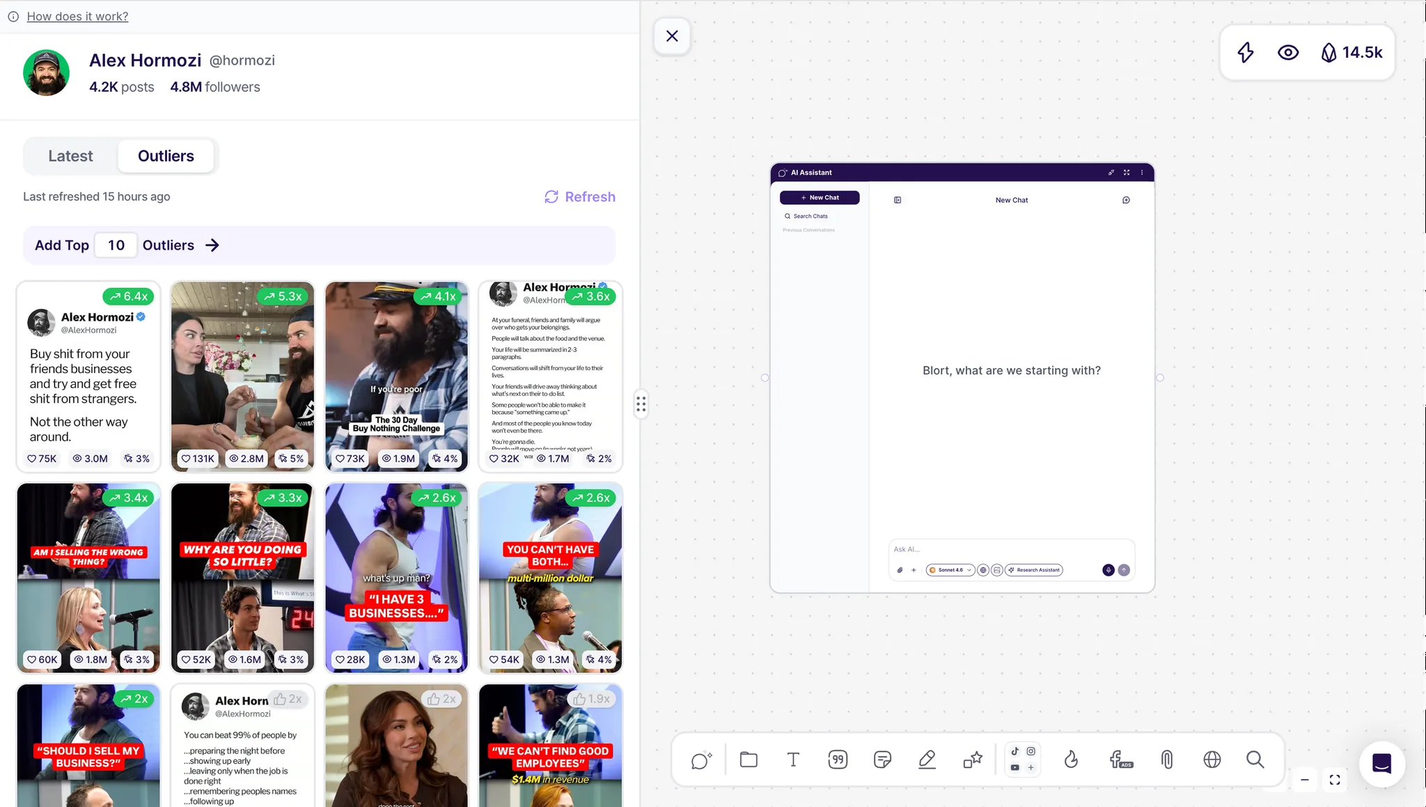 Viral Library: a creator's outlier posts next to the AI assistant on a Blort board